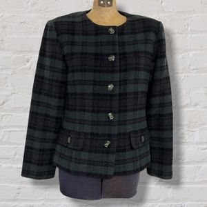 Daniel & Rebecca Blue Green Plaid Collarless Single Breasted Blazer Jacket